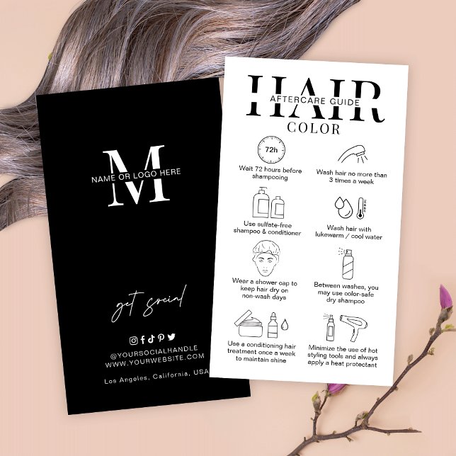 Minimalist Hair Colour Aftercare Guide Hairstylist Business Card (Hair color aftercare instructions cards for hairstylists in customizable black and white design)