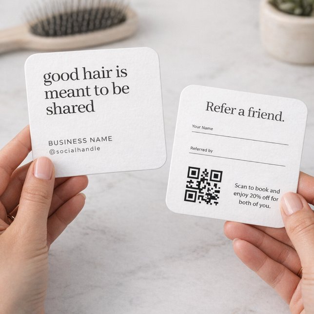 Minimalist Hair Salon Refer a Friend QR Code  Square Business Card (Creator Uploaded)