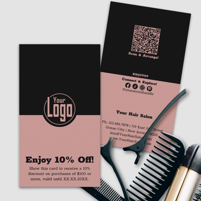 Minimalist Hair Stylist 10% Off Discount Card (Minimalist Hair Stylist 10% Off Discount Card, Logo, QR code, Tracking, Social)