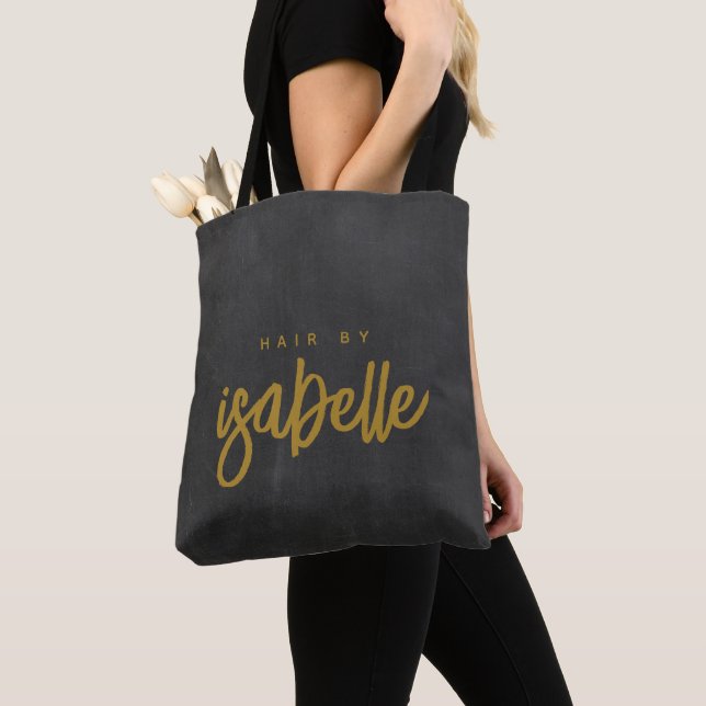 Minimalist Hair Stylist Gold Script Black Tote Bag (Close Up)