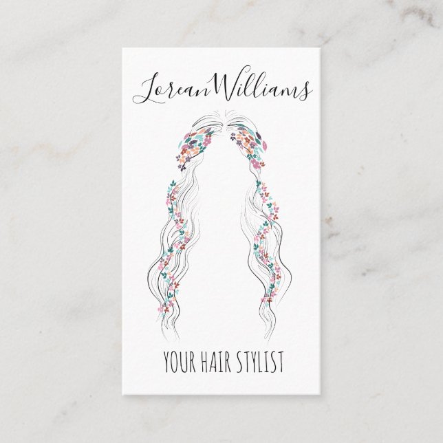 Minimalist Hairstylist Bride Wavy Hair Floral QR Business Card (Front)