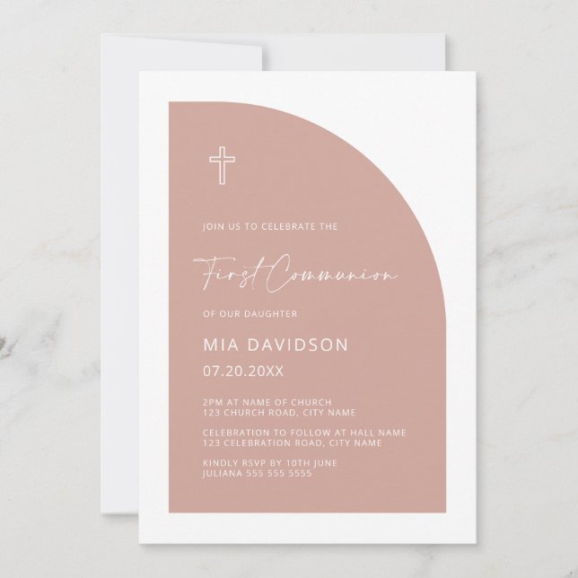 Minimalist Half Arch Blush Pink First Communion Invitation (Front)