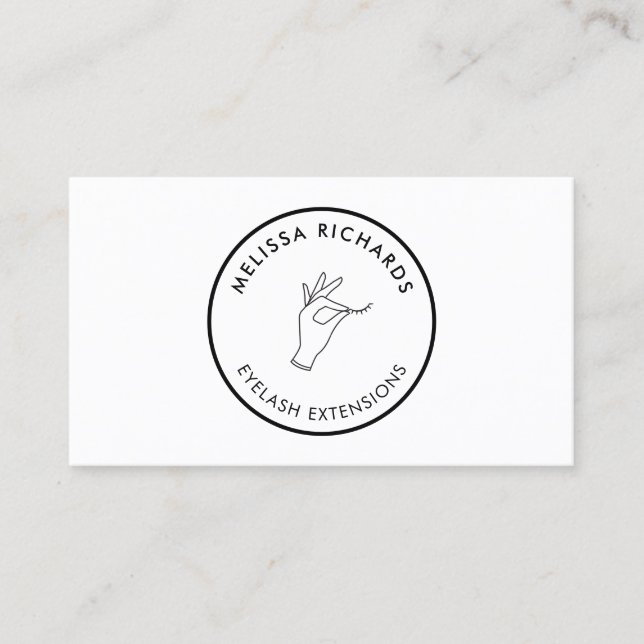 Minimalist Hand and Lashes Circle Logo White Business Card (Front)