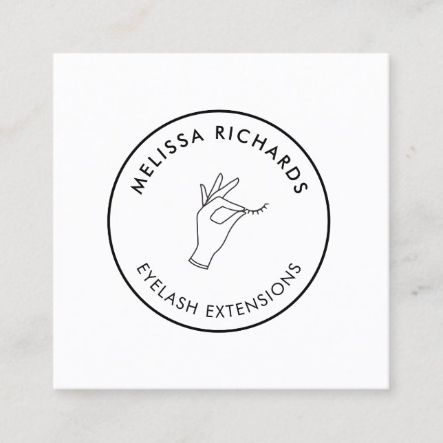Minimalist Hand and Lashes Circle Logo White Square Business Card (Front)