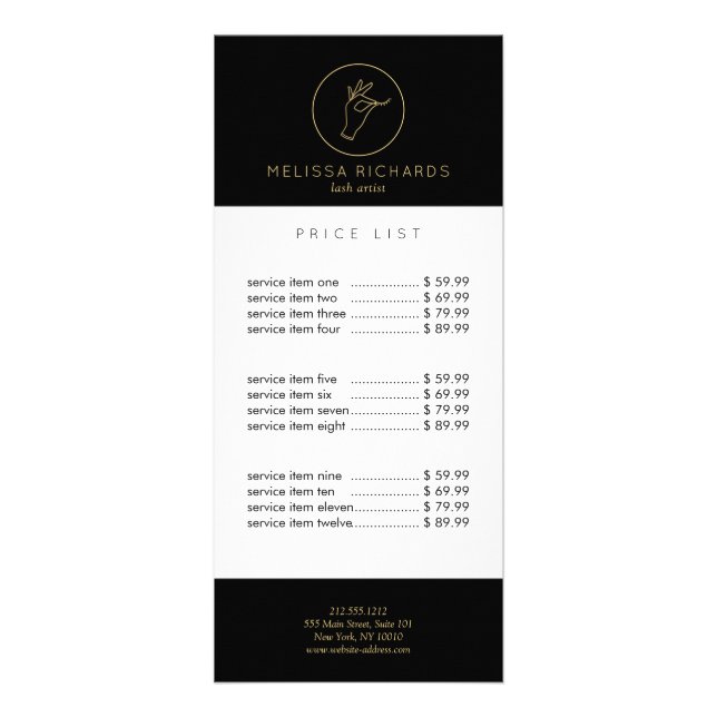 Minimalist Hand and Lashes Logo Black/Gold Rack Card (Front)