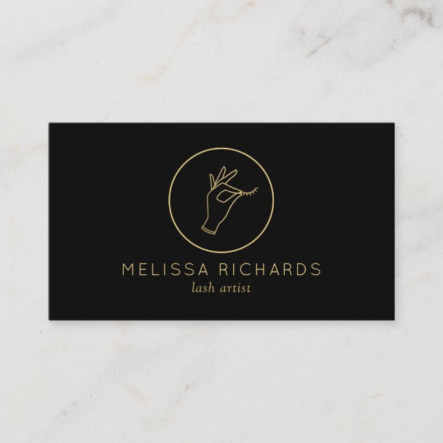 Minimalist Hand and Lashes Logo Makeup Black/Gold Business Card (Front)