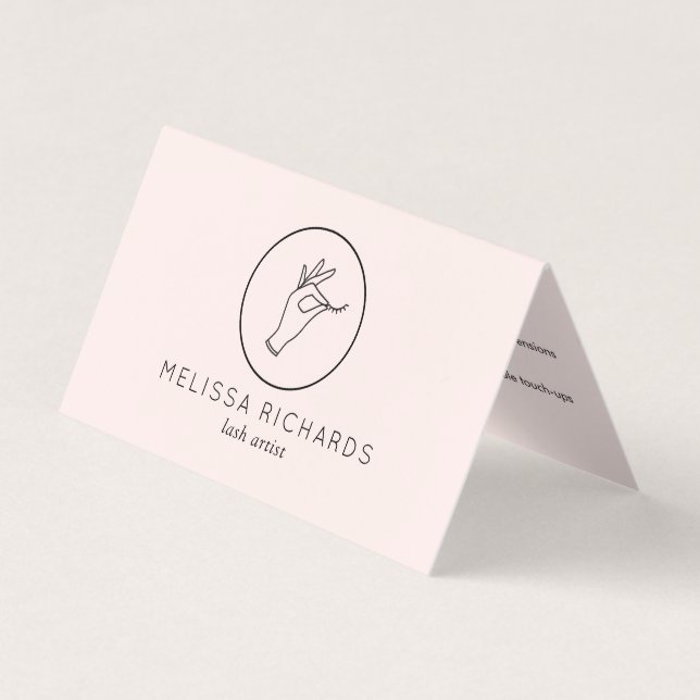 Minimalist Hand and Lashes Logo Pink Aftercare Business Card (Front)