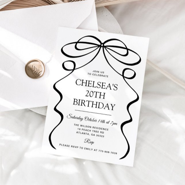 Minimalist Hand Drawn Black Bow 20th Birthday Invitation (Creator Uploaded)