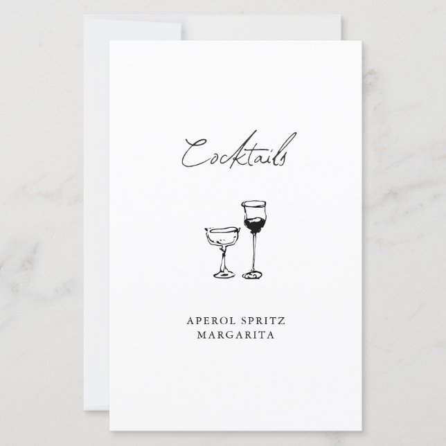 Minimalist Hand Drawn Cocktail Bar Wedding Sign (Front)