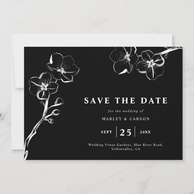 Minimalist Hand Drawn Floral Black Wedding QR Code Save The Date (Front)