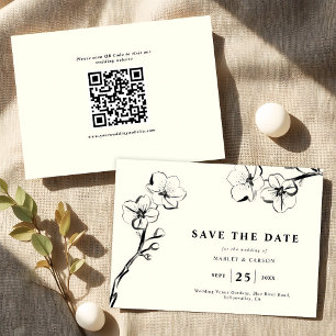 Minimalist Hand Drawn Floral Ivory Wedding QR Code Save The Date