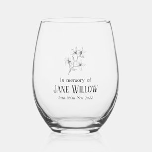 Minimalist Hand Drawn Flowers Memorial  Stemless Wine Glass