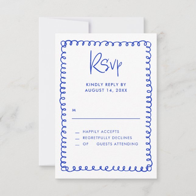 Minimalist Hand Drawn French Blue Wedding RSVP Card (Front)