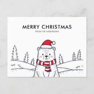 Minimalist Hand-Drawn Polar Bear Christmas Holiday Postcard