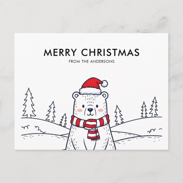 Minimalist Hand-Drawn Polar Bear Christmas Holiday Postcard (Front)