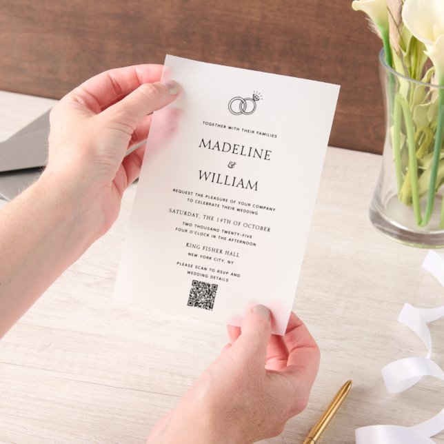 Minimalist Hand Drawn Rings Qr Code Wedding Vellum Invitations (Handheld)