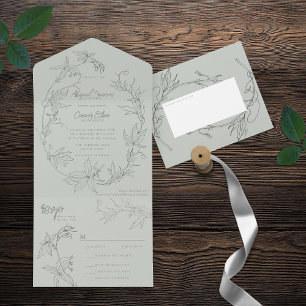 Minimalist Hand-drawn Vines Sage Green Grey All In One Invitation