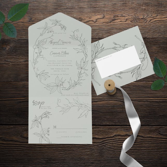 Minimalist Hand-drawn Vines Sage Green Grey All In One Invitation (Creator Uploaded)
