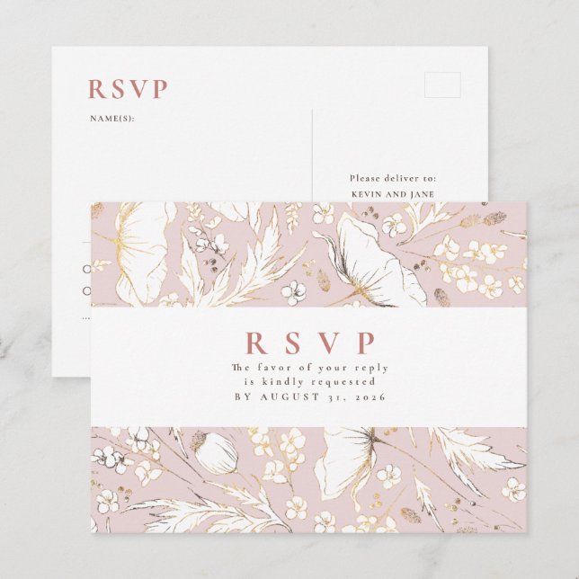Minimalist Hand-drawn Wildflowers Wedding RSVP Postcard (Front/Back)