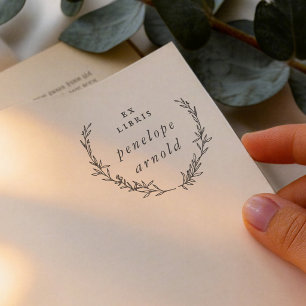Minimalist Hand Drawn Wreath Ex Libris Book Rubber Stamp