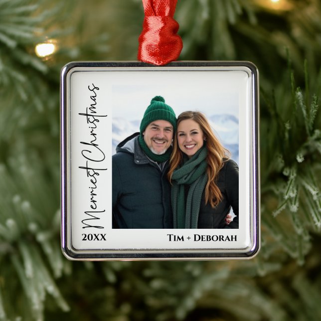 Minimalist Hand Written Merriest Christmas Photo  Metal Tree Decoration (Tree)