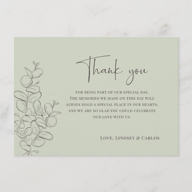 Minimalist handdrawn leaves green script wedding thank you card (Front)