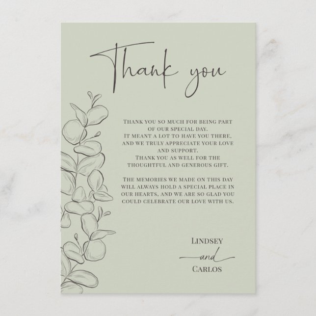 Minimalist handdrawn leaves green script wedding thank you card (Front)