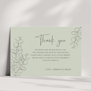 Minimalist handdrawn leaves green script wedding thank you card
