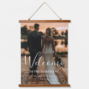 minimalist handwriting wedding photo welcome sign hanging tapestry