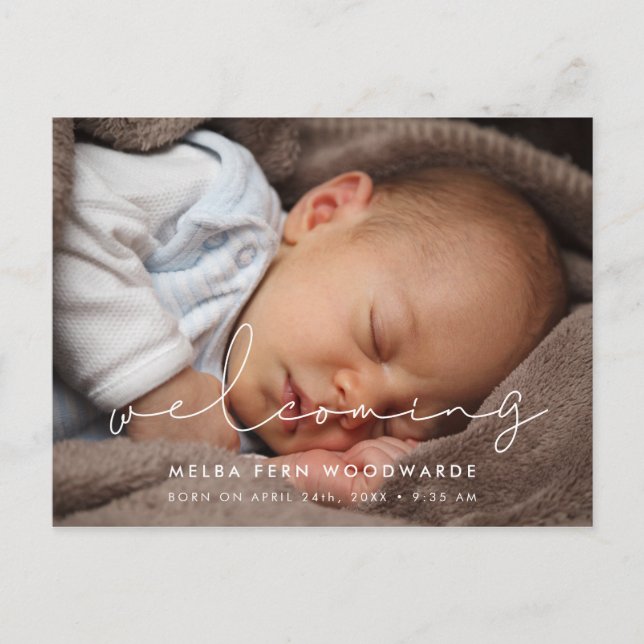 Minimalist handwritten Birth welcoming photo Postcard (Front)