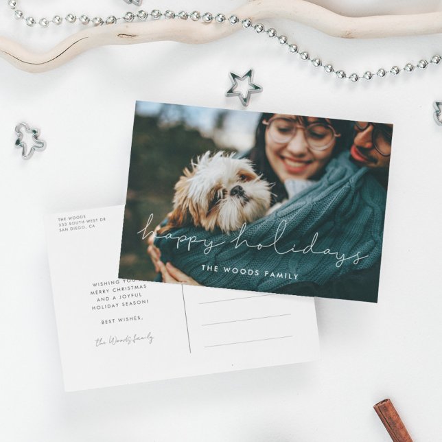 Minimalist handwritten Happy Holidays photo Holiday Postcard (Creator Uploaded)
