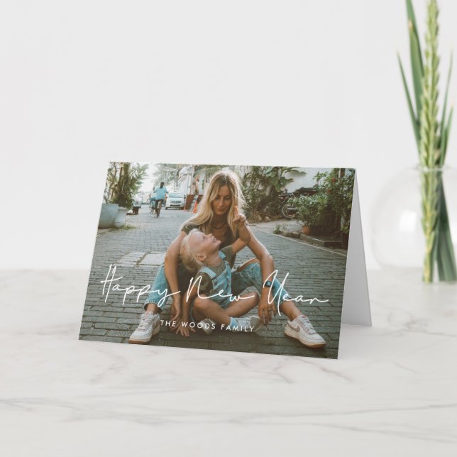 Minimalist handwritten Happy New Year photo Holiday Card (Front)