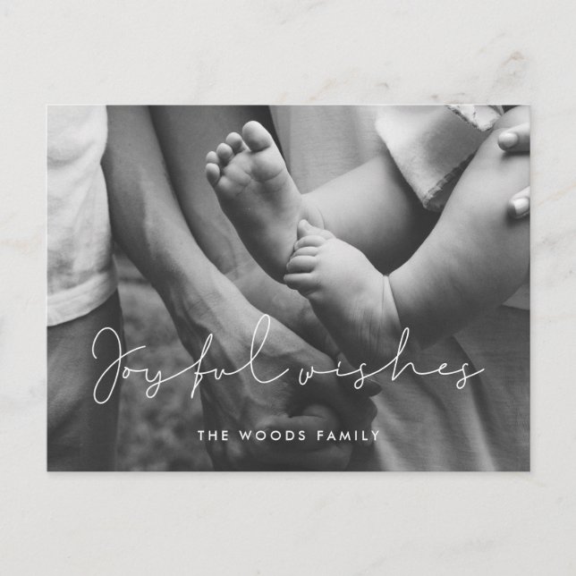 Minimalist handwritten Joyful wishes photo Holiday Postcard (Front)