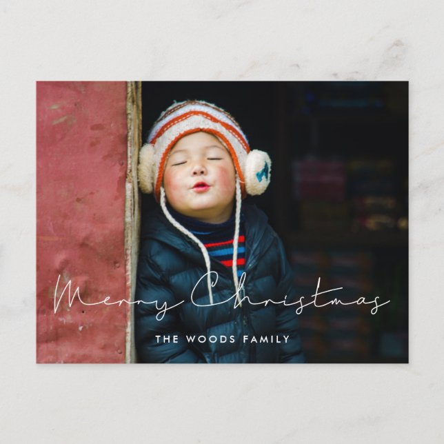 Minimalist handwritten Merry Christmas kids photo Holiday Postcard (Front)