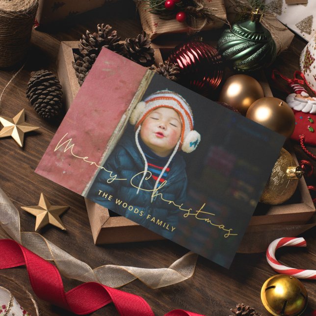 Minimalist Handwritten Merry Christmas Photo Gold Foil Holiday Card (Creator Uploaded)