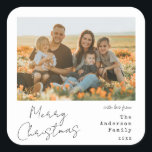 Minimalist Handwritten Merry Christmas Photo Square Sticker<br><div class="desc">Happy Holidays! Send your warm wishes to friends and family this Christmas season with a personalised photo Christmas sticker. It features minimalist handwritten script and vintage typewriter typography. Make your own by adding a custom photo,  names,  year and other details. This minimal Christmas sticker is available in other colours.</div>
