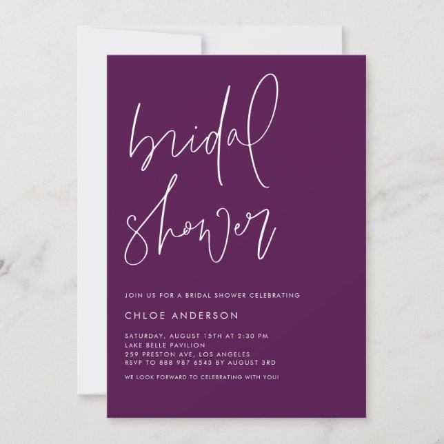 Minimalist Handwritten Purple Bridal Shower Invitation (Front)