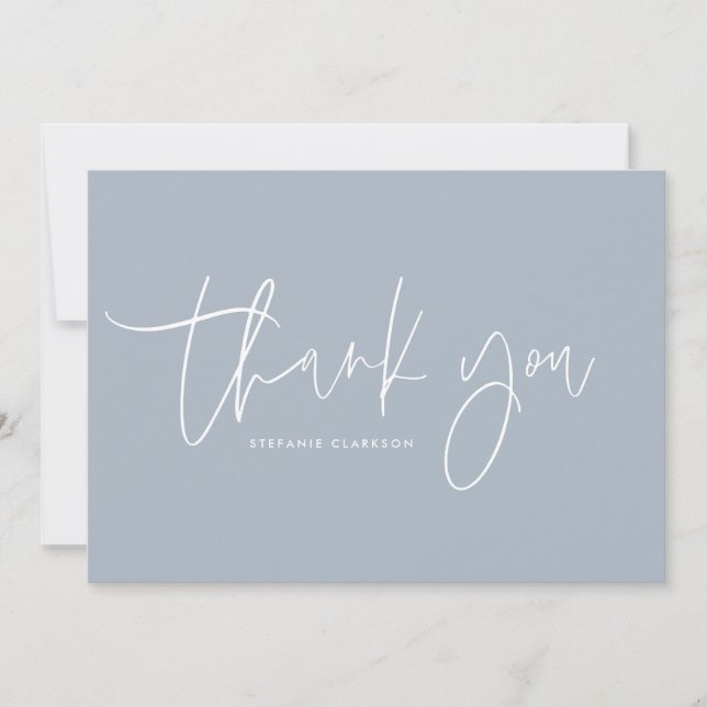 Minimalist Handwritten Script Dusty Blue Thank You Card (Front)