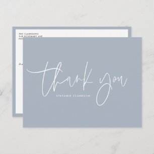 Minimalist Handwritten Script Dusty Blue Thank You Postcard