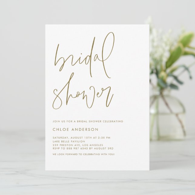 Minimalist Handwritten Script Gold Bridal Shower Invitation (Standing Front)