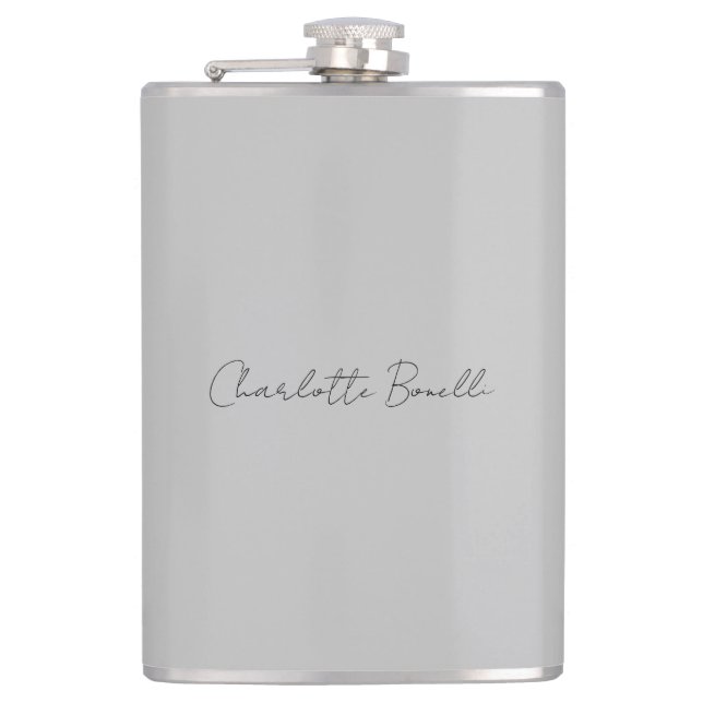 Minimalist Handwritten Script Name Grey Hip Flask (Front)
