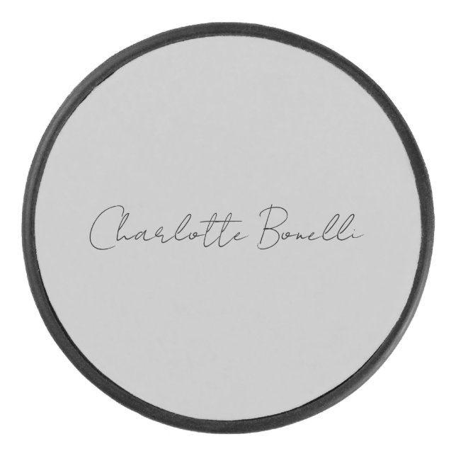 Minimalist Handwritten Script Name Grey Hockey Puck (Front)