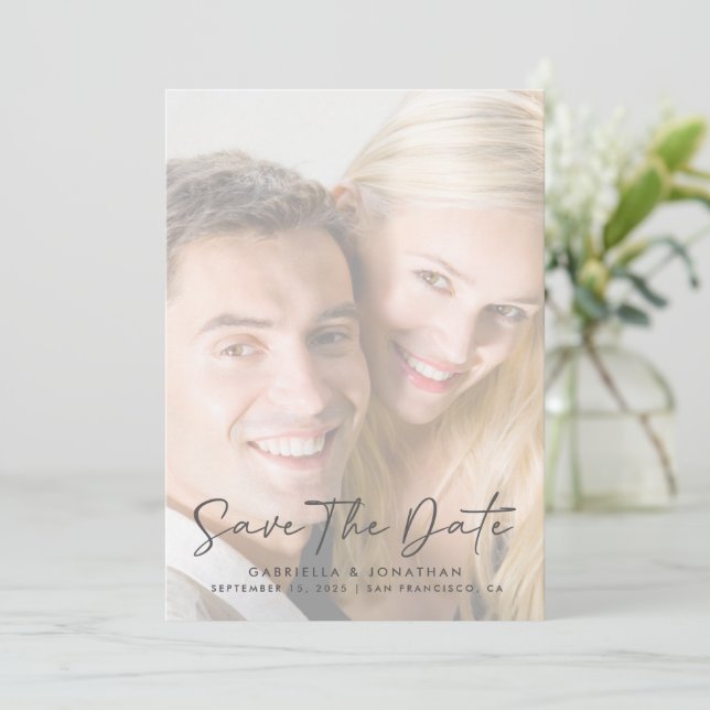 Minimalist Handwritten Script Photo Wedding Save The Date (Standing Front)