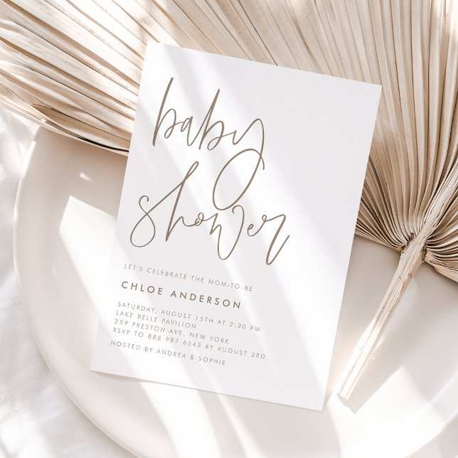 Minimalist Handwritten Script Taupe Baby Shower Invitation (Creator Uploaded)