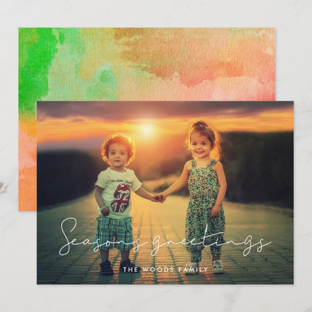 Minimalist Handwritten Season's Greetings Photo Holiday Card (Front/Back)