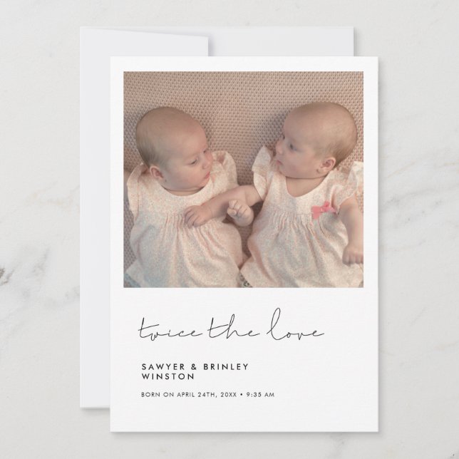 Minimalist handwritten Twice the love twins photo Announcement (Front)