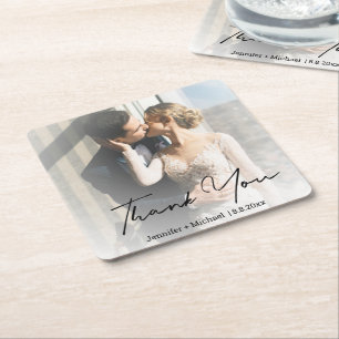 minimalist handwritten wedding photo thank you square paper coaster