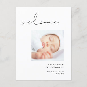 Minimalist handwritten Welcome new baby photo Postcard