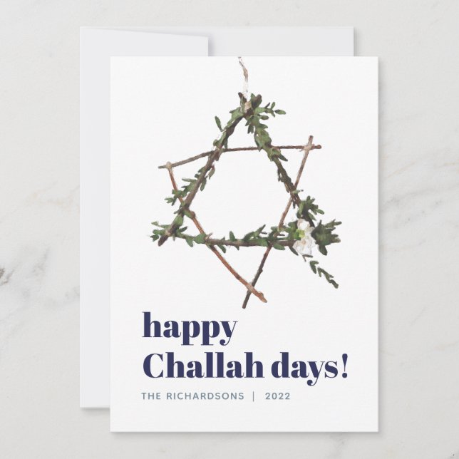 Minimalist Hanukkah Star Watercolor Wreath Blue Holiday Card (Front)