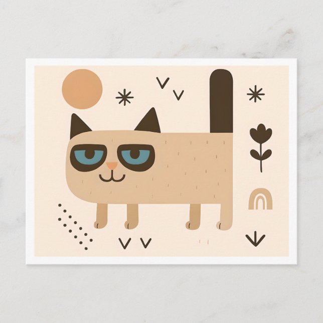 Minimalist Happy Cat Illustration, Scandi Style Postcard (Front)